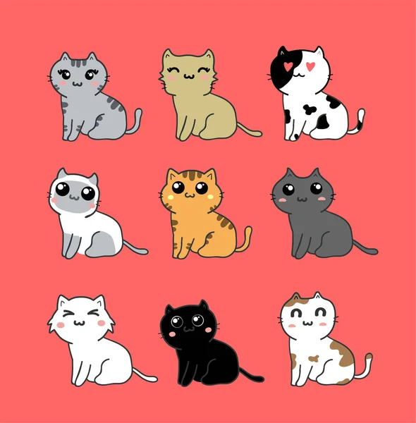 Jeu Vectoriel Chats Mignons Personnage Dessin Animé — Image vectorielle