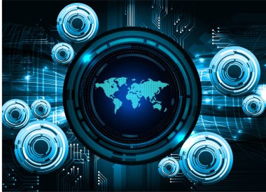 Dünya ikili devre kartı gelecek teknolojisi, mavi hud siber güvenlik kavramı arka planı