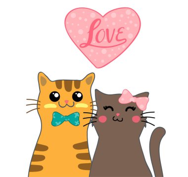 Beyaz bir arka planda sevimli kedi ve kalp, aşkım.