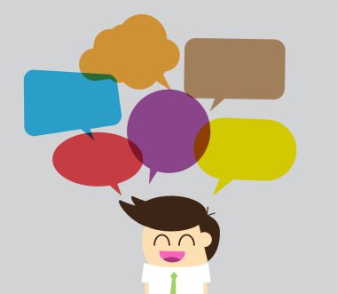 konuşma baloncukları ve iş adamı arka planda