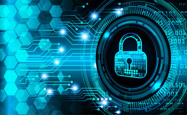 Закрытый замок на цифровом фоне, кибербезопасность