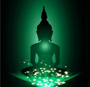 Nilüfer çiçeğindeki Buda silueti parlak bir ışık efektiyle siyah arka planda poz veriyor. vektör illüstrasyonu