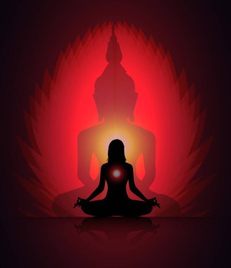 Buda 'nın silueti lotus pozunda meditasyon yapıyor.