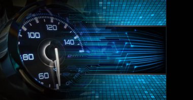 Soyut arkaplan üzerinde hız göstergesi ve ikili kodun dijital bileşimi