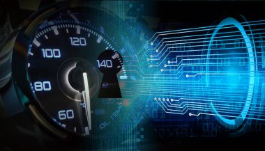 Siyah arkaplanda hız göstergesi ve saatin dijital bileşimi