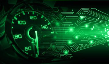 Parlak ışık ve yeşil çizgileri olan devre kartının dijital bileşimi