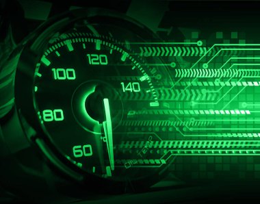 Gösterge panelinin arka planında bir saat olan hız göstergesi