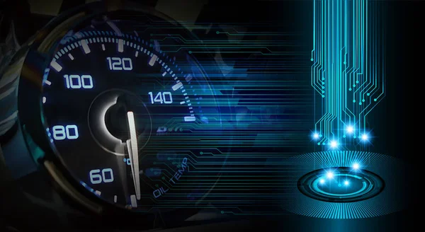 digital composite of speedometer with dashboard and binary code