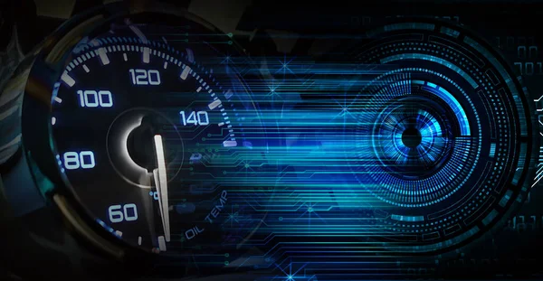 digital composite of speedometer with dashboard and car wheel