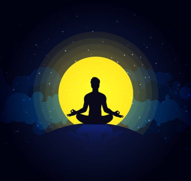 Ay 'a yakın oturan ve meditasyon yapan insan silueti.