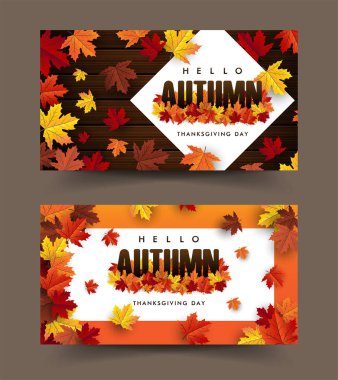 Sonbahar arkaplanı yapraklar ve mesajlarla Şükran Günü 'ne merhaba