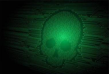 Koyu arkaplanda ikili kod ve kafatası