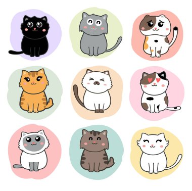 Bir dizi şirin çizgi film kedisi.