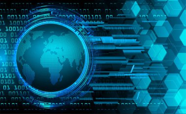 İkili devre kartı gelecek teknolojisi, mor siber güvenlik konsepti, soyut yüksek hız dijital. Dünya haritası. piksel vektörü