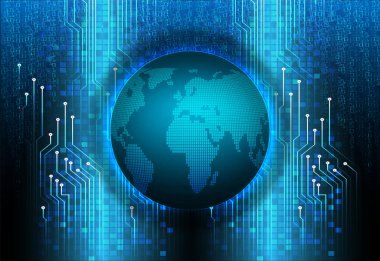 İkili devre kartı gelecek teknolojisi, mor siber güvenlik konsepti, soyut yüksek hız dijital. Dünya haritası. piksel vektörü