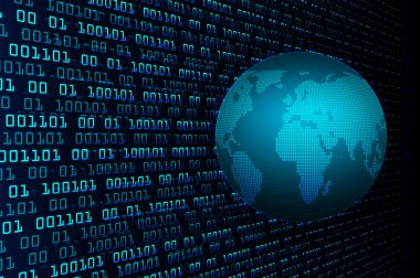 İkili devre kartı gelecek teknolojisi, mor siber güvenlik konsepti, soyut yüksek hız dijital. Dünya haritası. piksel vektörü