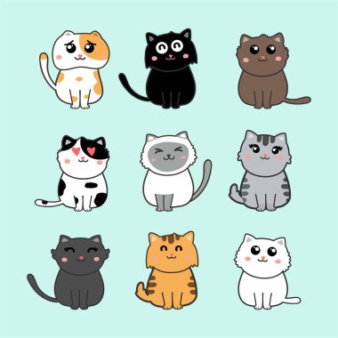 Sevimli kedi seti, vektör çizimi