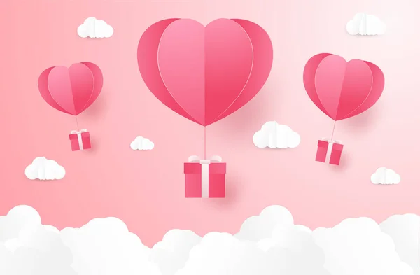 Hjärtformade Luftballonger Flyger Med Nuvarande Lådor — Stock vektor