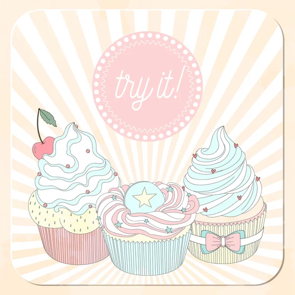 Póster en diseño retro con deliciosos cupcakes — Vector de stock