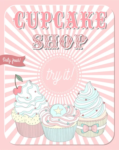 Cartaz em design retro com deliciosos cupcakes — Vetor de Stock