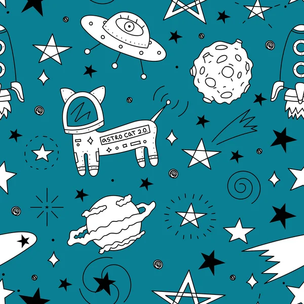 Asteroïden, planeten, sterrenbeelden en cosmo kat — Stockvector