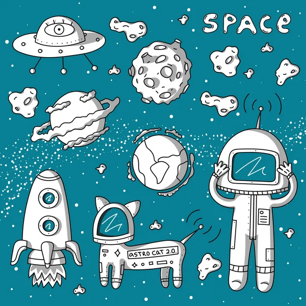 Astronauta con cosmo gatto e asteroidi — Vettoriale Stock