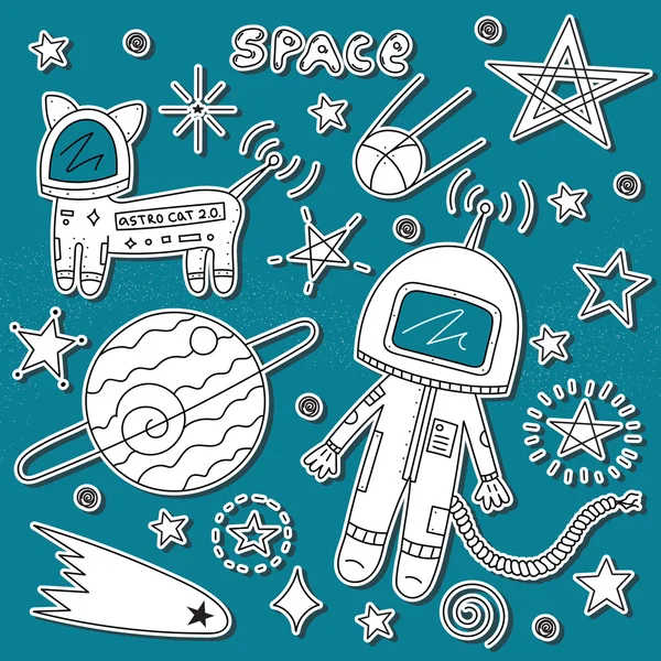 Astronauta com gato cosmo e asteróides — Vetor de Stock
