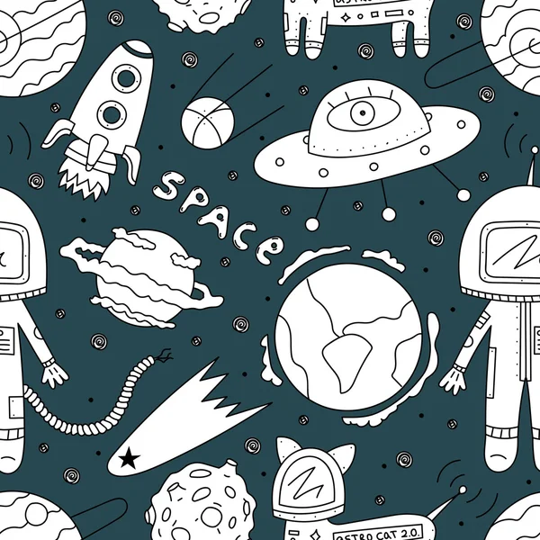 Astronautas, gato cosmo e asteróides — Vetor de Stock