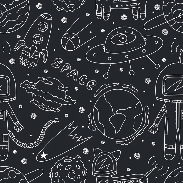 Astronautas, cosmos gato y asteroides — Vector de stock