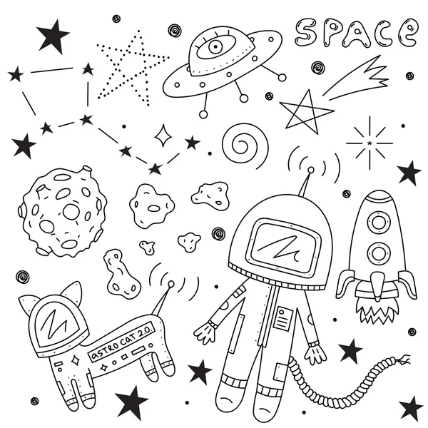 Astronauta, gato cosmo y asteroides — Vector de stock