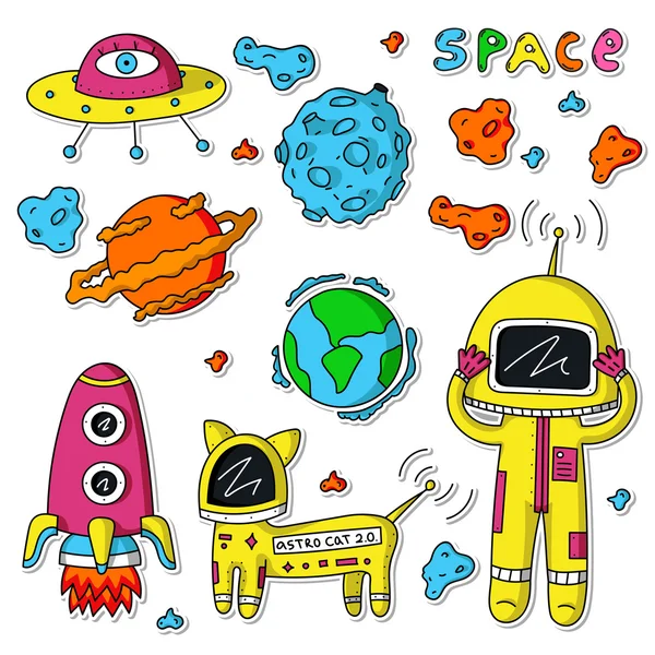 Astronauta, gato cosmo e asteróides —  Vetores de Stock