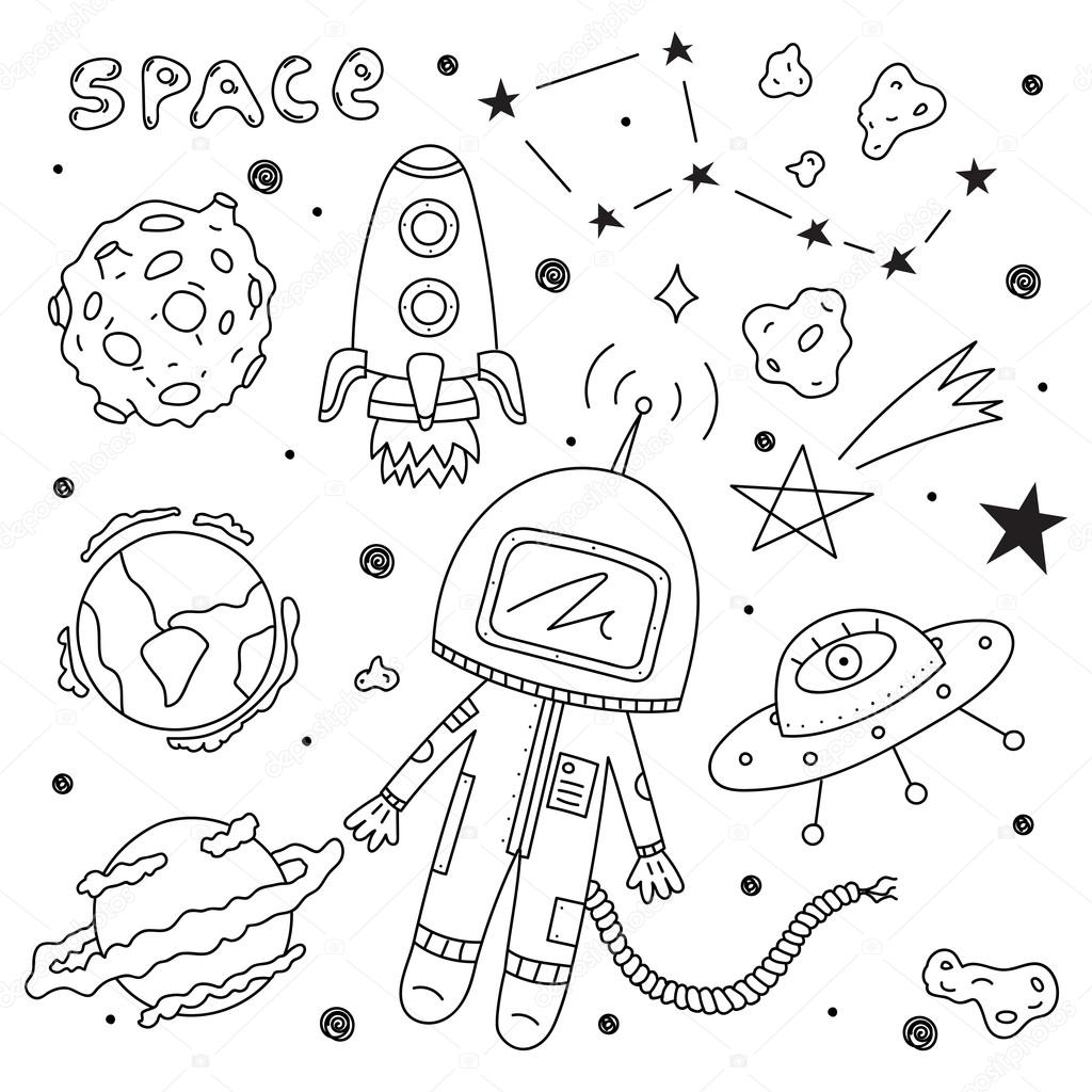 astronaut with planets and asteroids