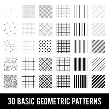 Temel geometrik desenleri kümesi. Memphis tarzı. Siyah ve beyaz.