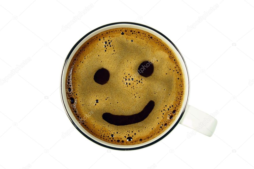 Cup of coffee from the top with smile, isolated