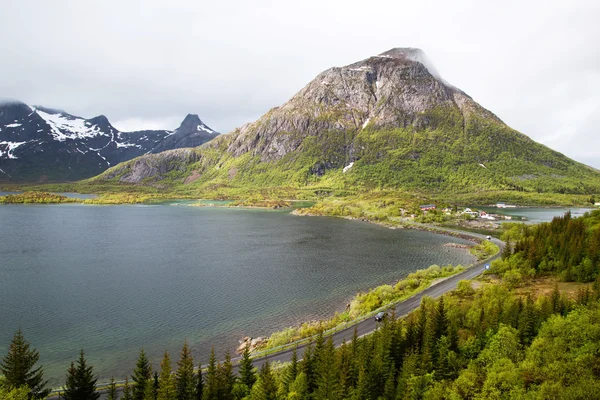 Road to mountains, Lofoten Islands in Norway — Stock Photo, Image