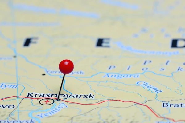 Krasnoyarsk pinned on a map of Asia — Φωτογραφία Αρχείου