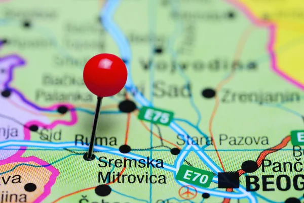 Sremska Mitrovica pinned on a map of Serbia