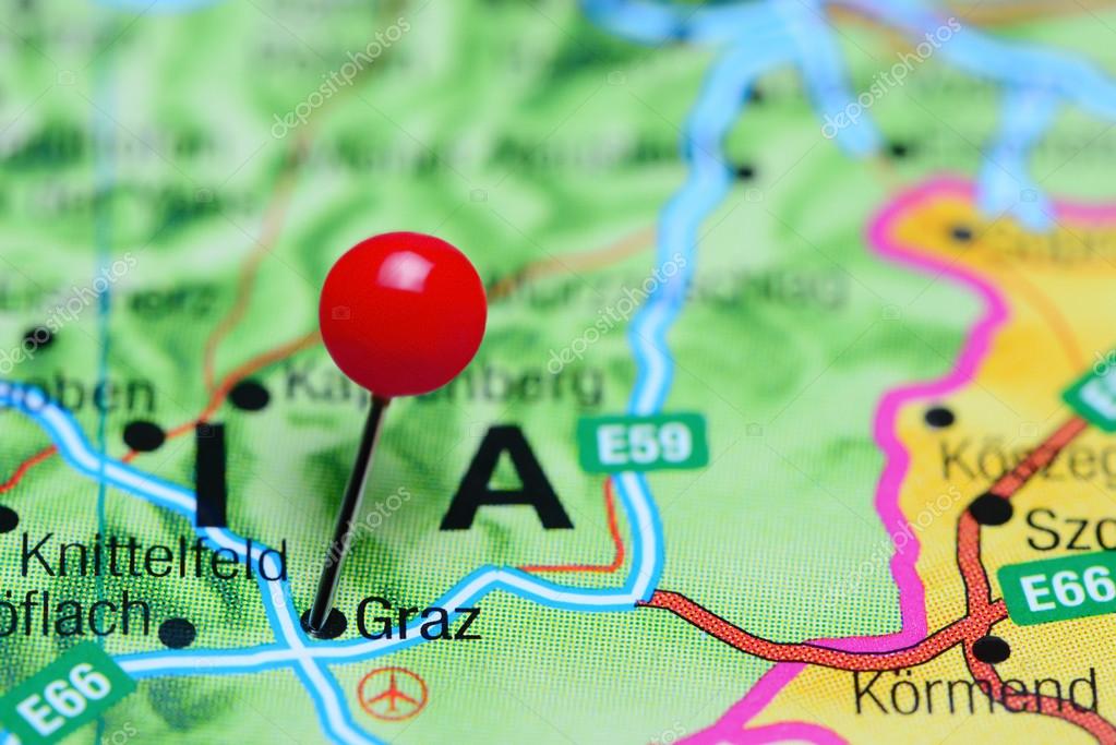 ausztria graz térkép Graz odatűzött ra egy Térkép Ausztria — Stock Fotó © dk_photos  ausztria graz térkép