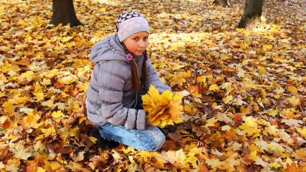 Dziewczyna rzuca się liści — Wideo stockowe
