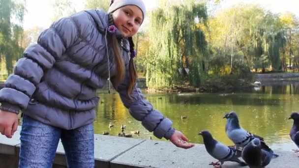 Chica de pie alimenta palomas de la mano — Vídeos de Stock