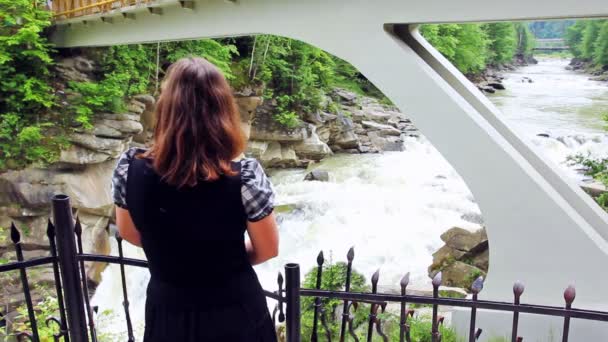 Frau auf Aussichtsplattform blickt auf Wasserfall — Stockvideo