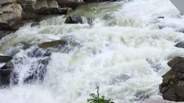 Waterfall Then Panorama To Woman On Bridge — Stock Video