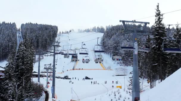 Long Ski Lifts Moving Sky In Forest — Stock Video