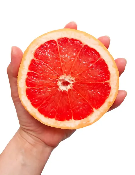 Halbe Grapefruit Der Hand Isoliert Auf Weiß — Stockfoto