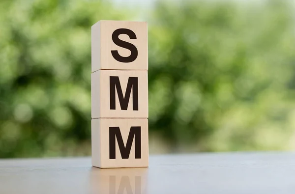 Smm Social Media Marketing Buchstaben Auf Holzwürfeln Auf Grünem Hintergrund — Stockfoto
