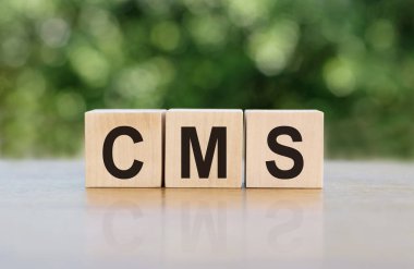 CMS (Özel Yönetim Sistemi), tahta bloklar üzerine yazılmış bir kelimedir. Metin siyah harflerle yazılır ve masanın ayna yüzeyine yansıtılır..