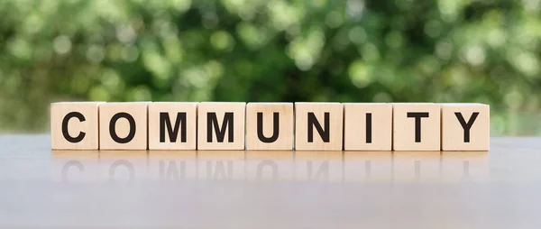 Community - word from wooden blocks with letters, group of people community concept