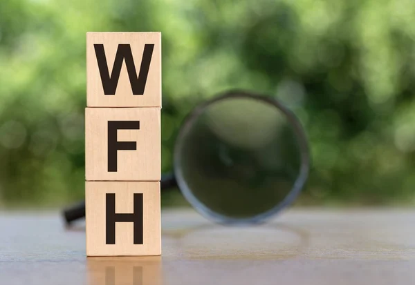 Coronavirus Concept Showing Wfh Wood Blocks Green Background Magnifier — Stock Photo, Image