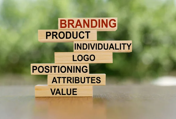 Concept Marque Sur Blocs Bois Produit Individualité Logo Postioning Attributs — Photo