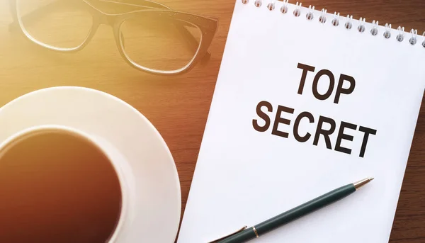 Begreppet Top Secret Text Top Secret Anteckningsbok Med Kopp Och — Stockfoto